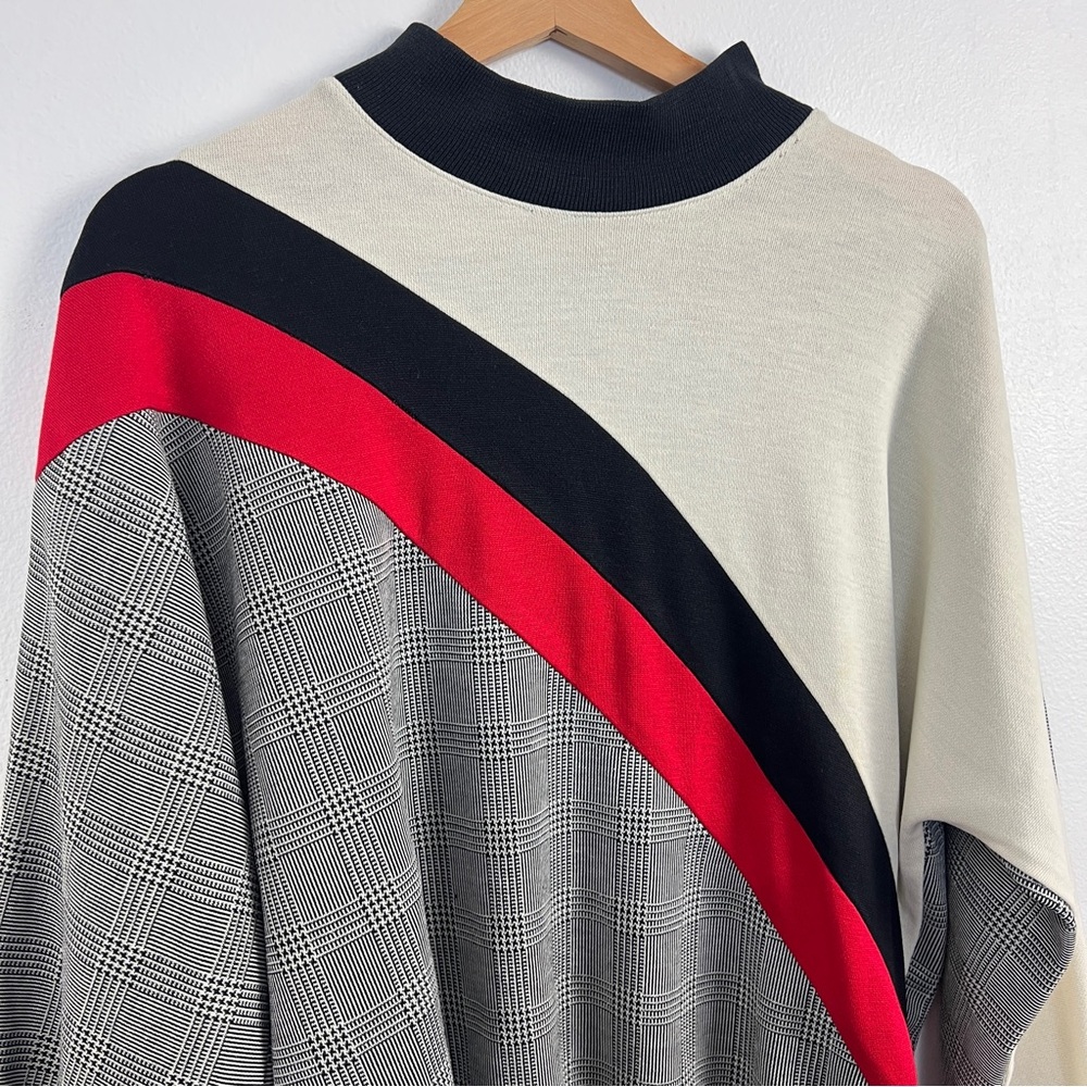 Vintage Color Block Plaid Pattern Mock Neck Dolman Sleeve Pullover